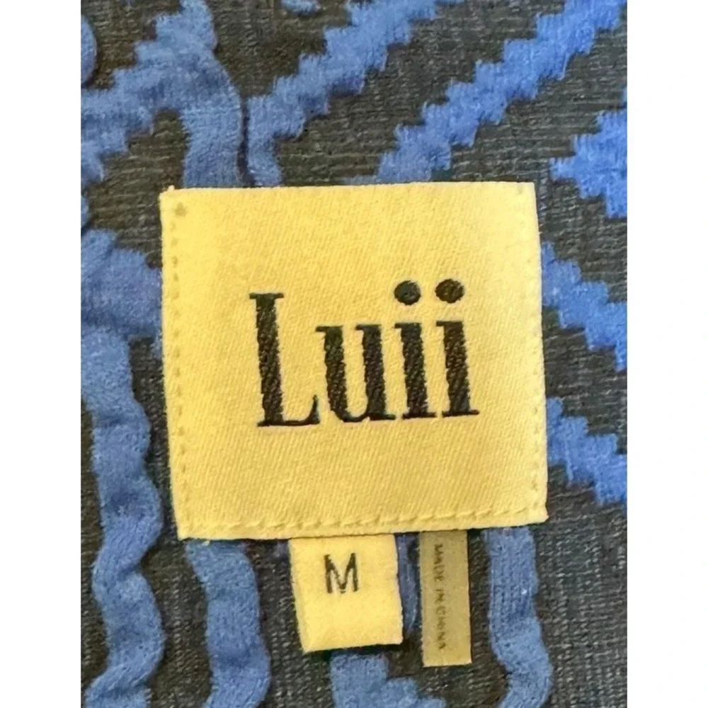 Luii Women's Jacket Textured Geometric Print‎ Big Button Mid Length Blue Medium